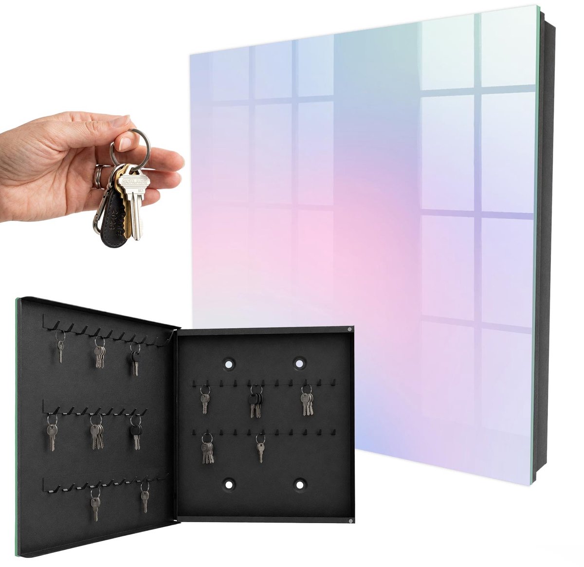 WallMuralia - Sleutelkast - 30x30x5 cm - met 50 haken - Pastel Harmonie Sleutelkastje Hal - Roze Sleutelbox - Linksopenend - Zwart interieur