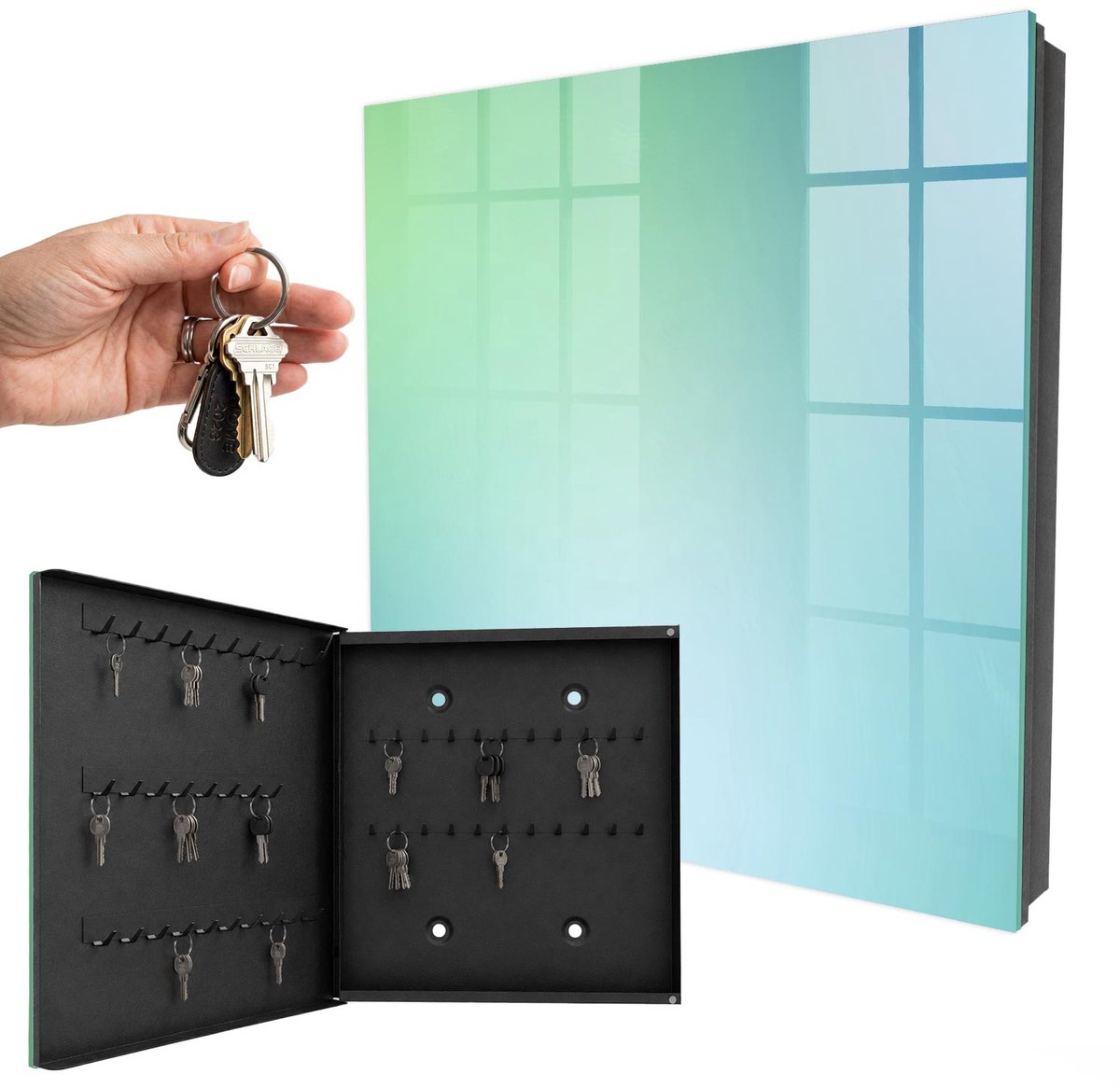 WallMuralia - Sleutelkast - 30x30x5 cm - met 50 haken - Kleurrijk Verloop Sleutelkastje Voor Binnen - Groente Sleutelbox - Linksopenend - Zwart interieur