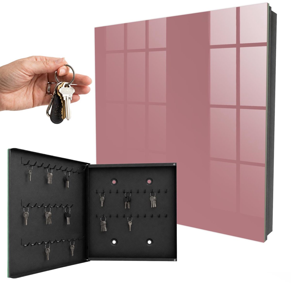 WallMuralia - Sleutelkast - 30x30x5 cm - met 50 haken - Oudroze Sleutelkastje Binnen - Roze Sleutelbox - Linksopenend - Zwart interieur