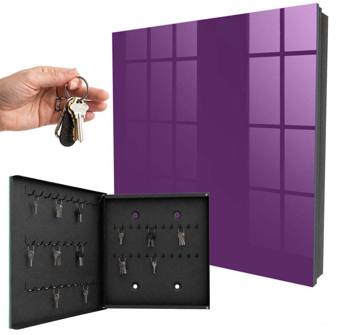 WallMuralia - Sleutelkast - 30x30x5 cm - met 50 haken - Sterk Paars Sleutelkastje Hal - Paars Sleutelbox - Linksopenend - Zwart interieur
