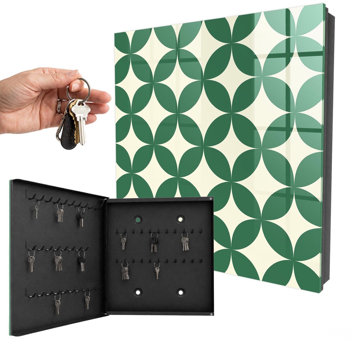 WallMuralia - Sleutelkast - 30x30x5 cm - met 50 haken - Groene Wielen Sleutelkastje Modern - Groente Sleutelbox - Linksopenend - Zwart interieur