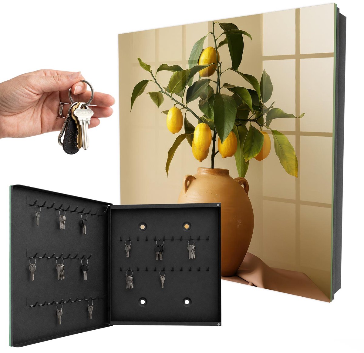 WallMuralia - Sleutelkast - 30x30x5 cm - met 50 haken - Citroenen In Een Kan Design Sleutelkastje - Geel Sleutelbox - Linksopenend - Zwart interieur