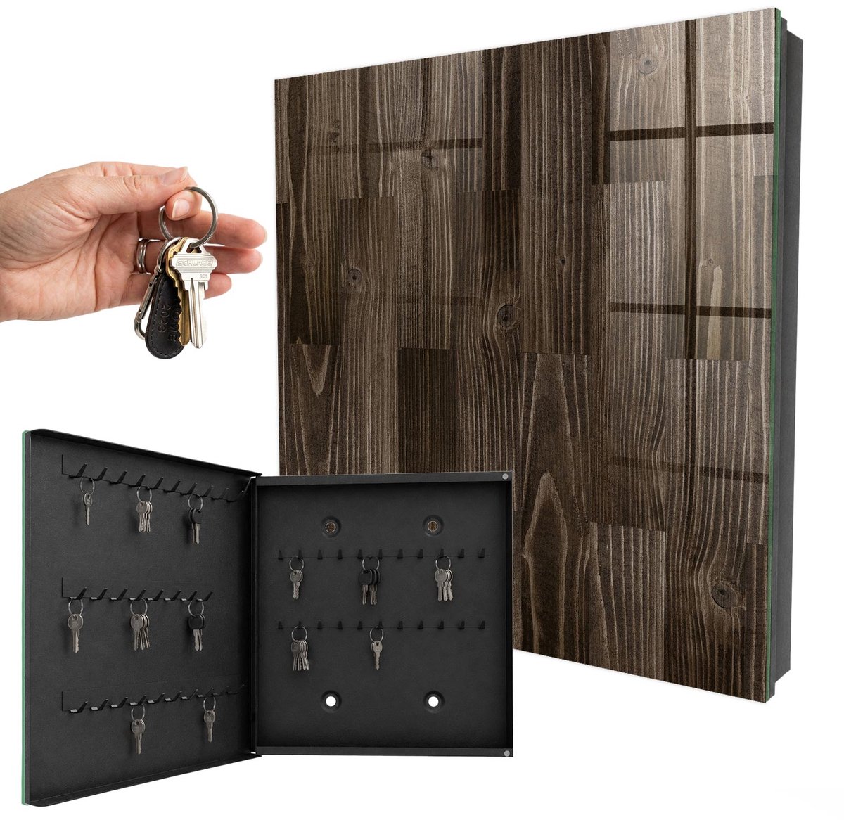 WallMuralia - Sleutelkast - 30x30x5 cm - met 50 haken - Bruin Hout Sleutelkastje Gang - Bruin Sleutelbox - Linksopenend - Zwart interieur