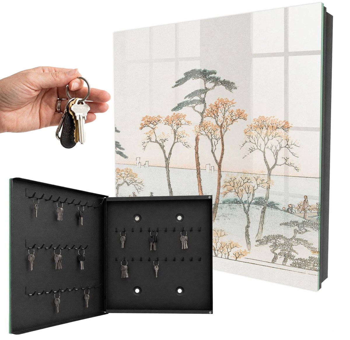 WallMuralia - Sleutelkast - 30x30x5 cm - met 50 haken - Japans Landschap Sleutelkastje Gang - Beige Sleutelbox - Linksopenend - Zwart interieur