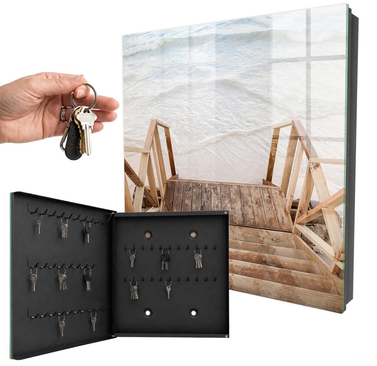 WallMuralia - Sleutelkast - 30x30x5 cm - met 50 haken - Rust Op Het Strand Sleutelkastje Landelijk - Bruin Sleutelbox - Linksopenend - Zwart interieur