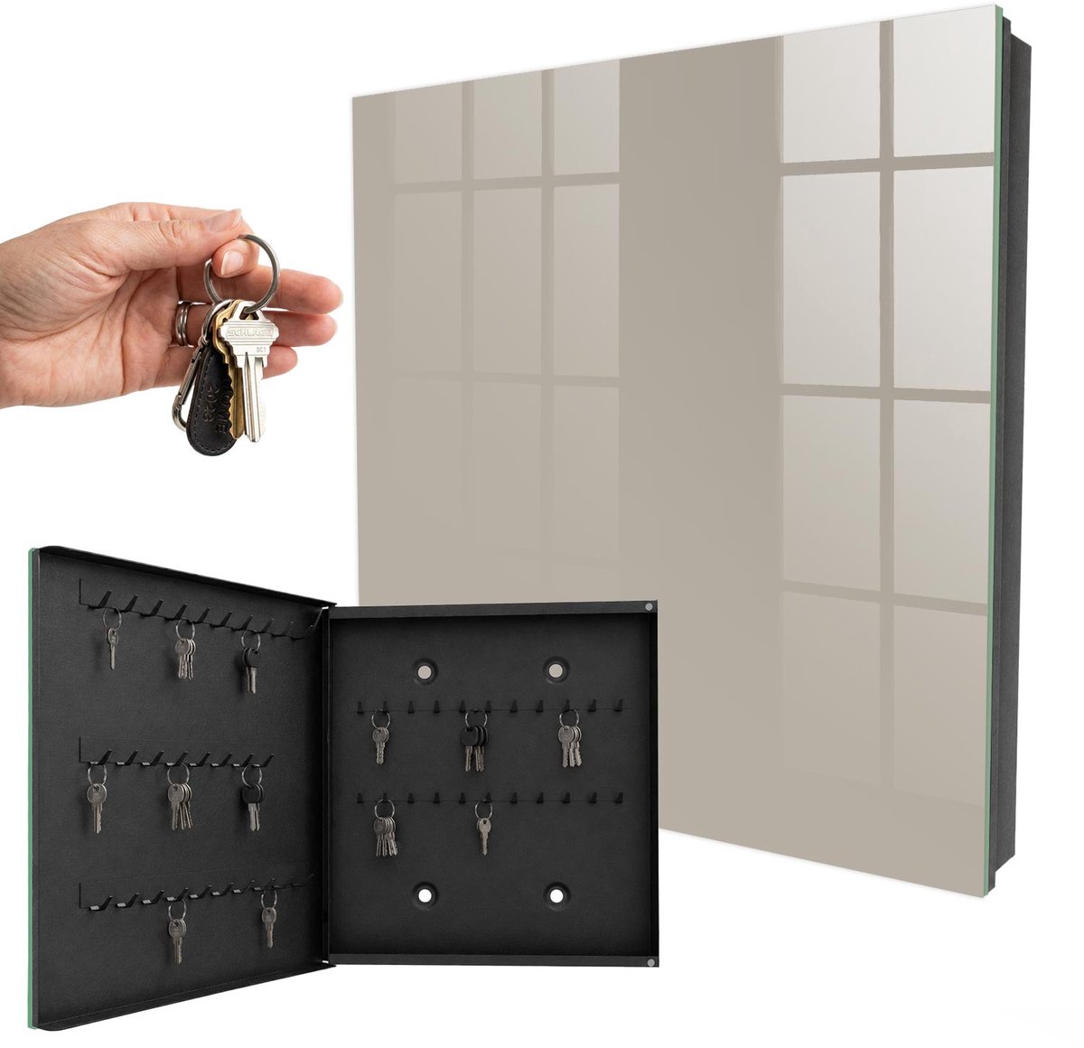 WallMuralia - Sleutelkast - 30x30x5 cm - met 50 haken - Warmgrijs Design Sleutelkastje - Grijs Sleutelbox - Linksopenend - Zwart interieur