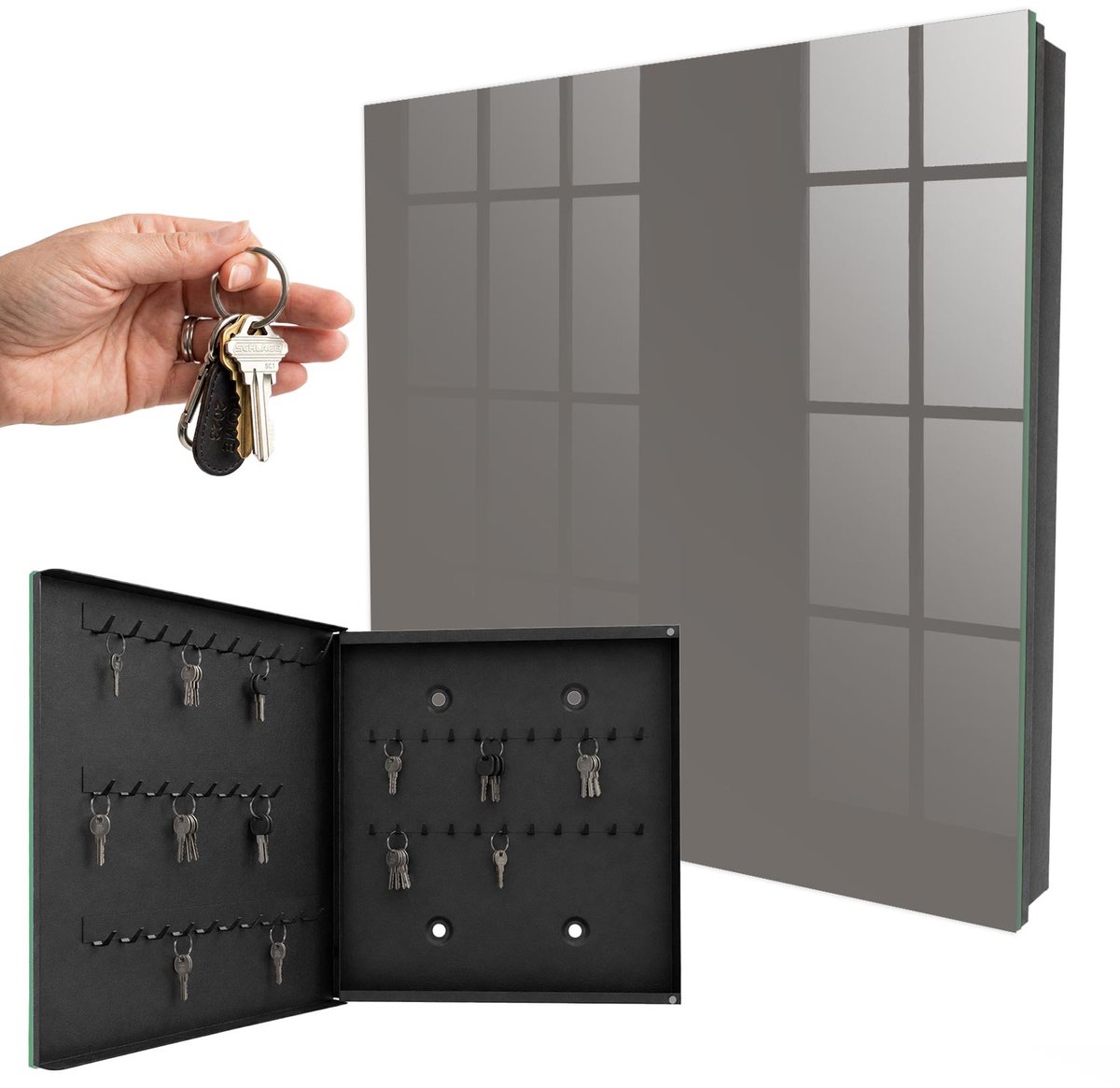 WallMuralia - Sleutelkast - 30x30x5 cm - met 50 haken - Lichtbruin Sleutelkastje Muur - Bruin Sleutelbox - Linksopenend - Zwart interieur