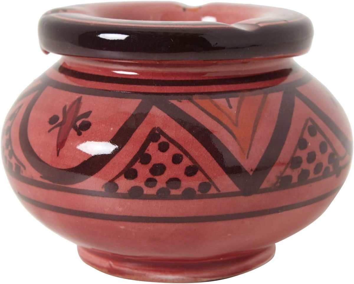 keramische asbak rood met deksel Ø 12cm windasbak met deksel handgeschilderd & handgebakken kunsthandwerk uit Marrakesh KE5001
