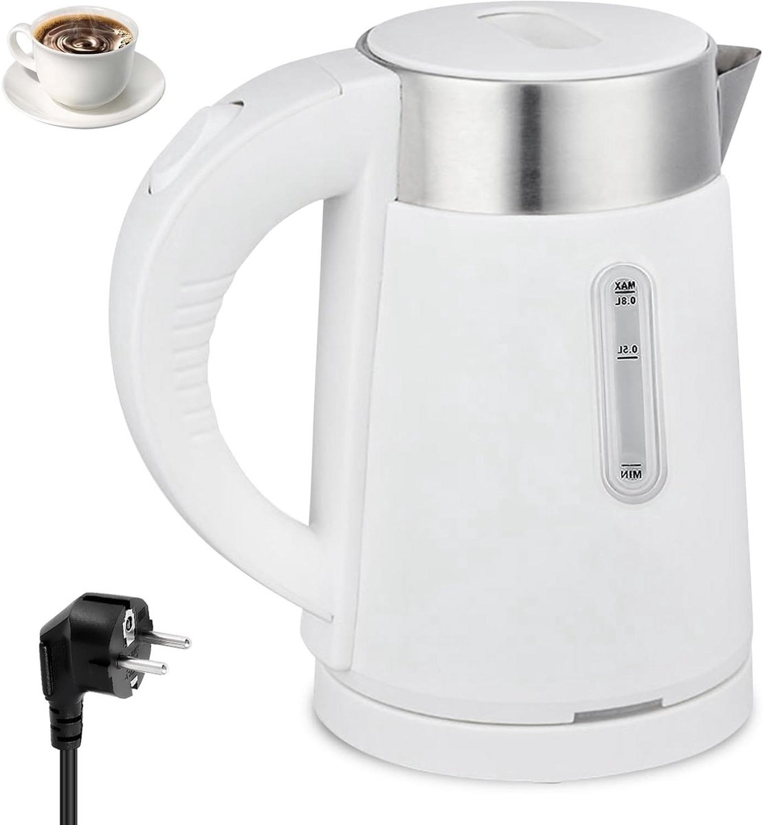 Reisketel Roestvrij Staal - Kleine Waterkoker - Thuis en Onderweg - Dubbelwandig Design - 0.8 Liter - Wit