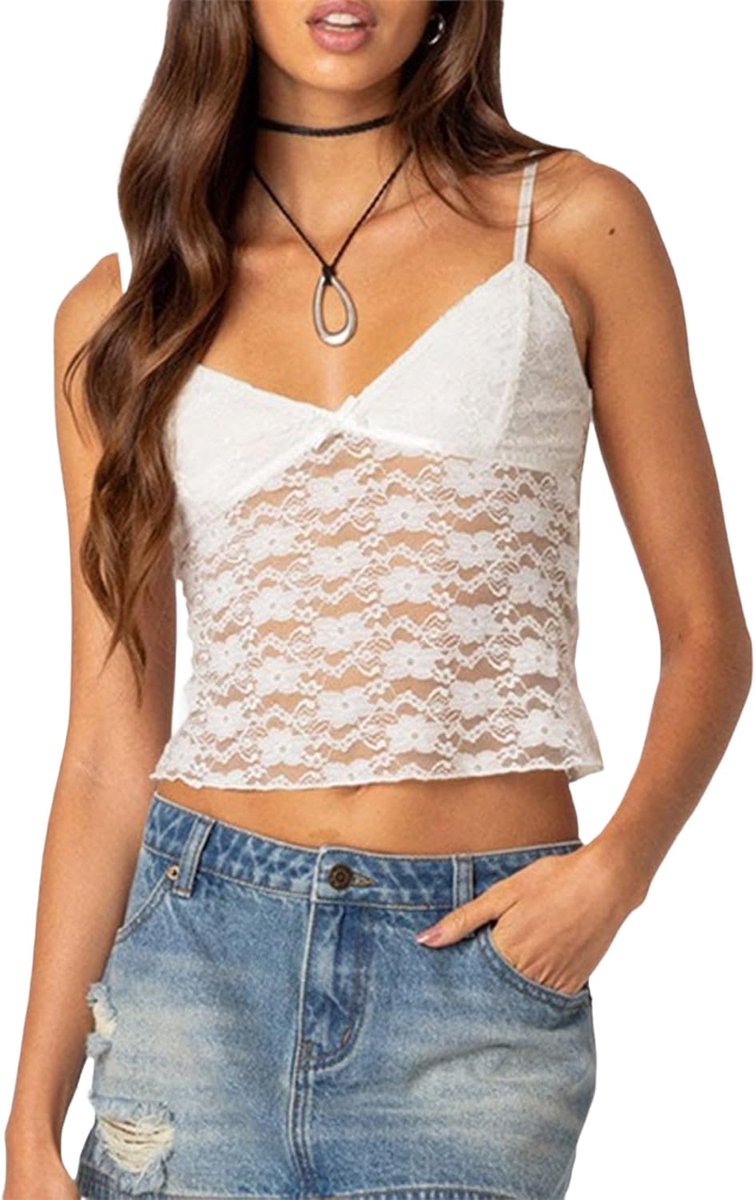 kanten bovendeel met V-hals sexy tanktop kort Y2k tanktop om uit te gaan