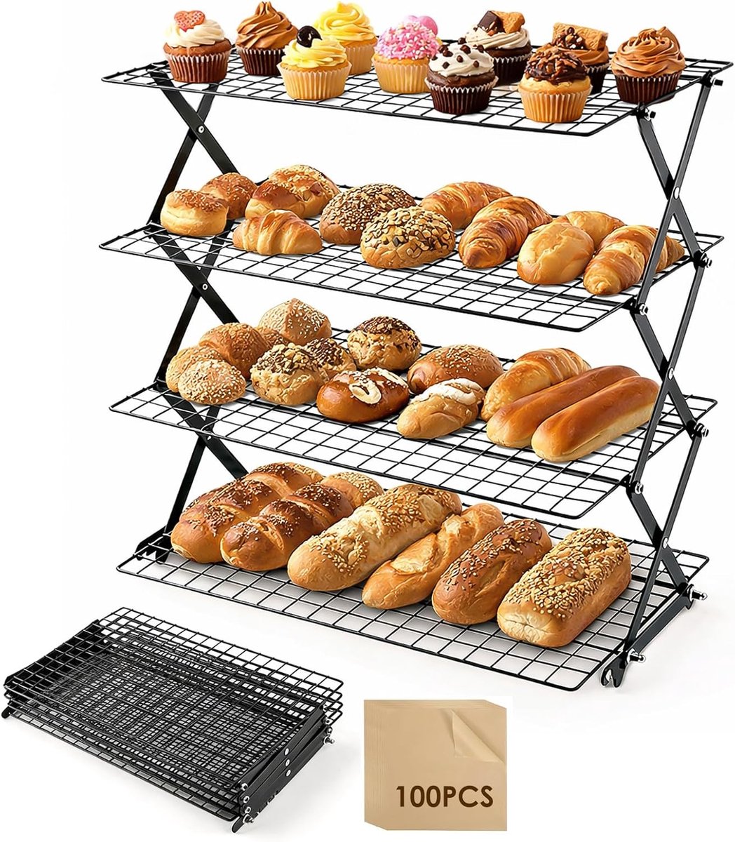 stapelbaar, 4 verdiepingen tellend taartrooster, koelrooster voor koken en bakken, 40 x 25 x 46 cm, zwart