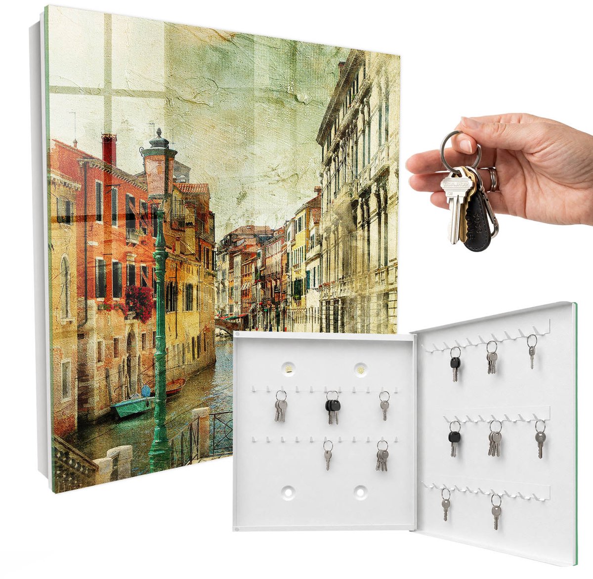 WallMuralia - Sleutelkast - 30x30x5 cm - met 50 haken - Kleurrijke Stad Sleutelkastje Landelijk - Beige Sleutelbox - Rechtsopenend - Wit interieur