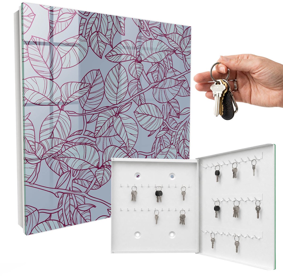 WallMuralia - Sleutelkast - 30x30x5 cm - met 50 haken - Bourgondische Bladeren Sleutelkastje Design - Grijs Sleutelbox - Rechtsopenend - Wit interieur