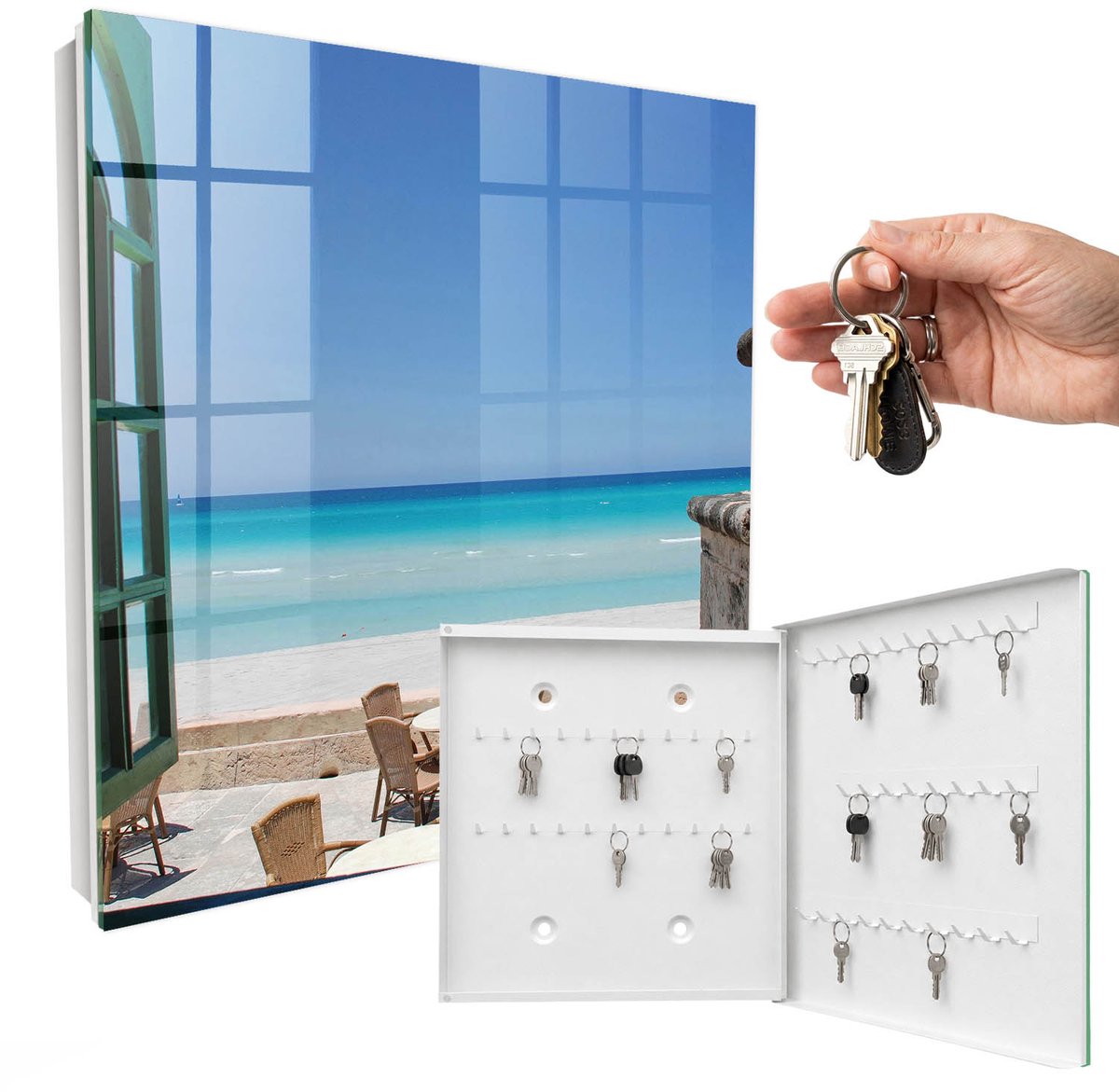 WallMuralia - Sleutelkast - 30x30x5 cm - met 50 haken - Recreatie Aan Zee Sleutelkastje Binnen - Blauw Sleutelbox - Rechtsopenend - Wit interieur