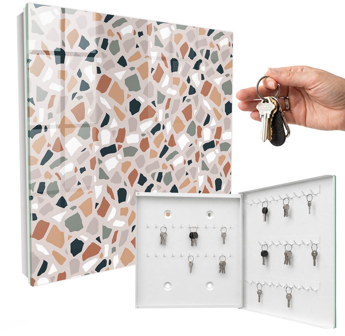 WallMuralia - Sleutelkast - 30x30x5 cm - met 50 haken - Mozaïek Van Steen Leuk Sleutelkastje - Beige Sleutelbox - Rechtsopenend - Wit interieur