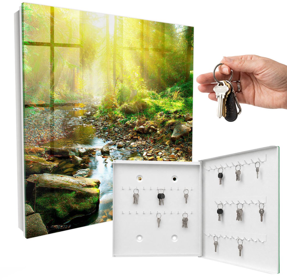 WallMuralia - Sleutelkast - 30x30x5 cm - met 50 haken - Bosbeek Sleutelkastje Binnen - Groente Sleutelbox - Rechtsopenend - Wit interieur