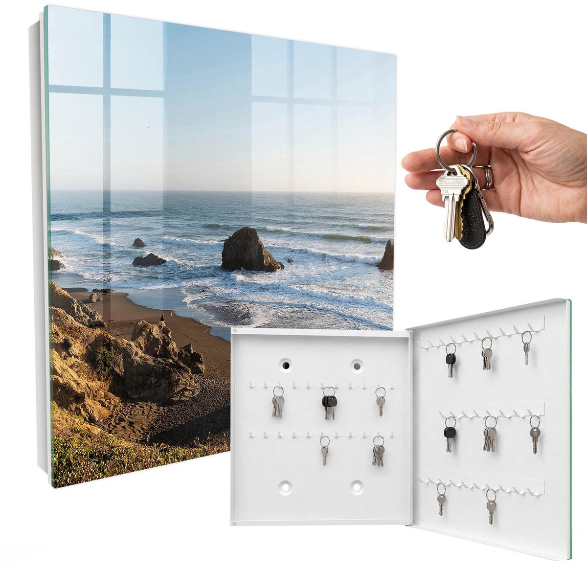 WallMuralia - Sleutelkast - 30x30x5 cm - met 50 haken - Kustlandschap Sleutelkastje Hal - Blauw Sleutelbox - Rechtsopenend - Wit interieur