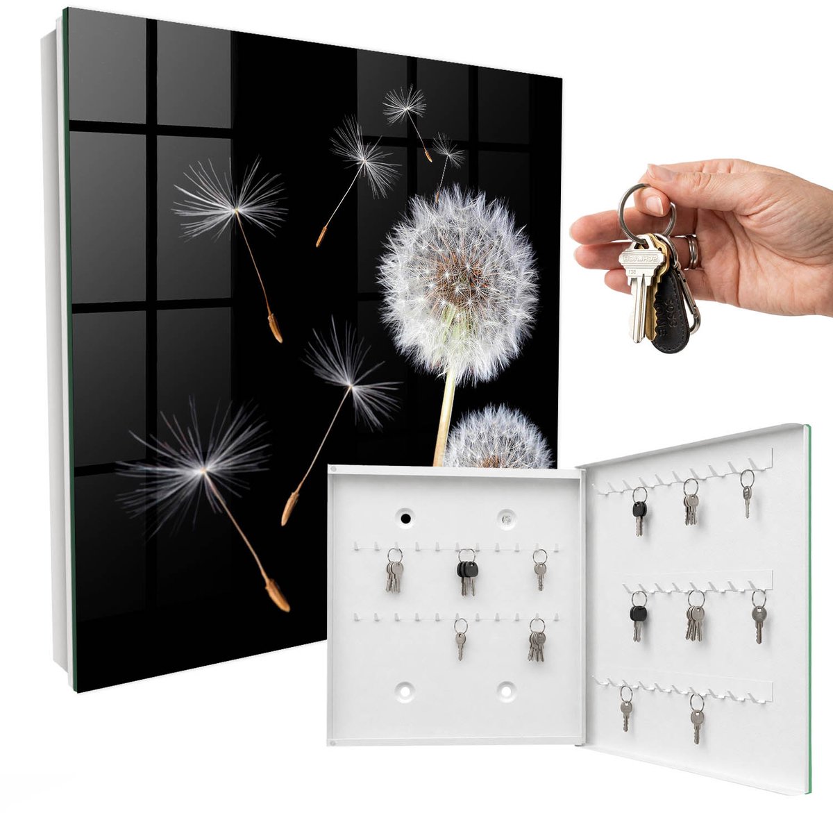 WallMuralia - Sleutelkast - 30x30x5 cm - met 50 haken - Tere Paardenbloemen Sleutelkastje Landelijk - Zwart Sleutelbox - Rechtsopenend - Wit interieur