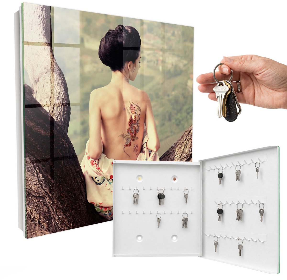 WallMuralia - Sleutelkast - 30x30x5 cm - met 50 haken - Harmonie Van De Natuur Sleutelkastje Hal - Bruin Sleutelbox - Rechtsopenend - Wit interieur