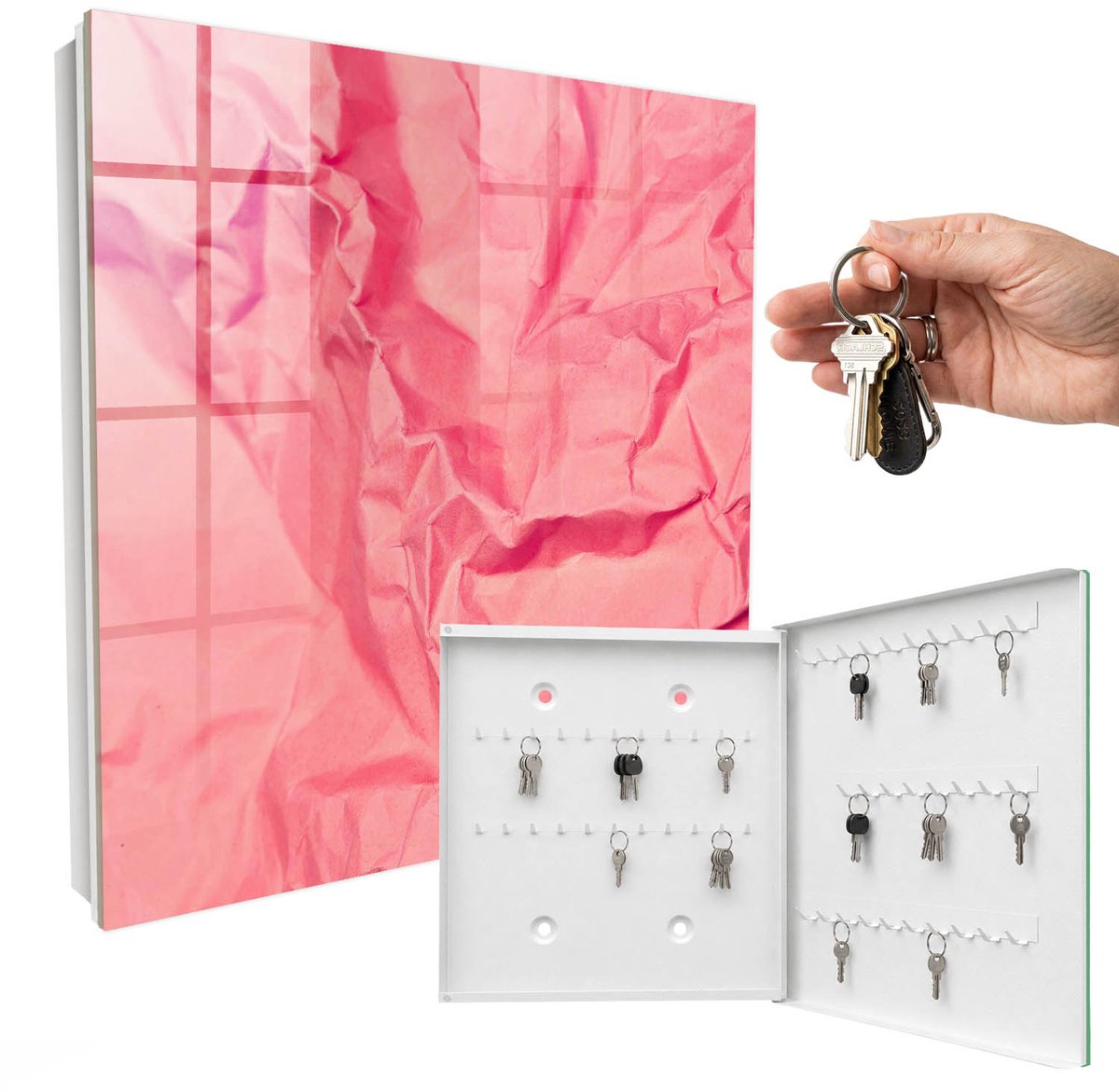 WallMuralia - Sleutelkast - 30x30x5 cm - met 50 haken - Roze Textuur Sleutelkastje Landelijk - Roze Sleutelbox - Rechtsopenend - Wit interieur