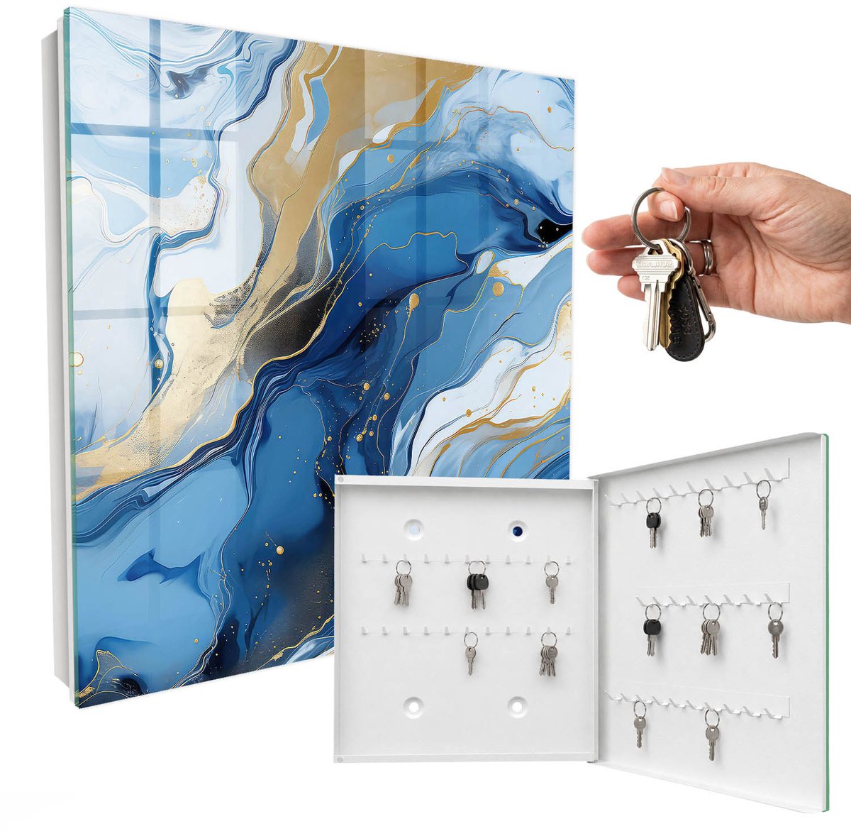 WallMuralia - Sleutelkast - 30x30x5 cm - met 50 haken - Kleurrijke Werveling Leuk Sleutelkastje - Blauw Sleutelbox - Rechtsopenend - Wit interieur
