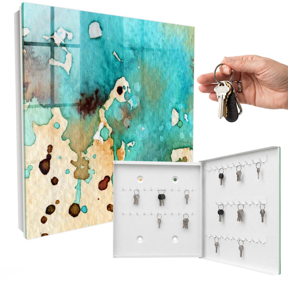 WallMuralia - Sleutelkast - 30x30x5 cm - met 50 haken - Turquoise Abstractie Sleutelkastje Voor Binnen - Turkoois Sleutelbox - Rechtsopenend - Wit interieur
