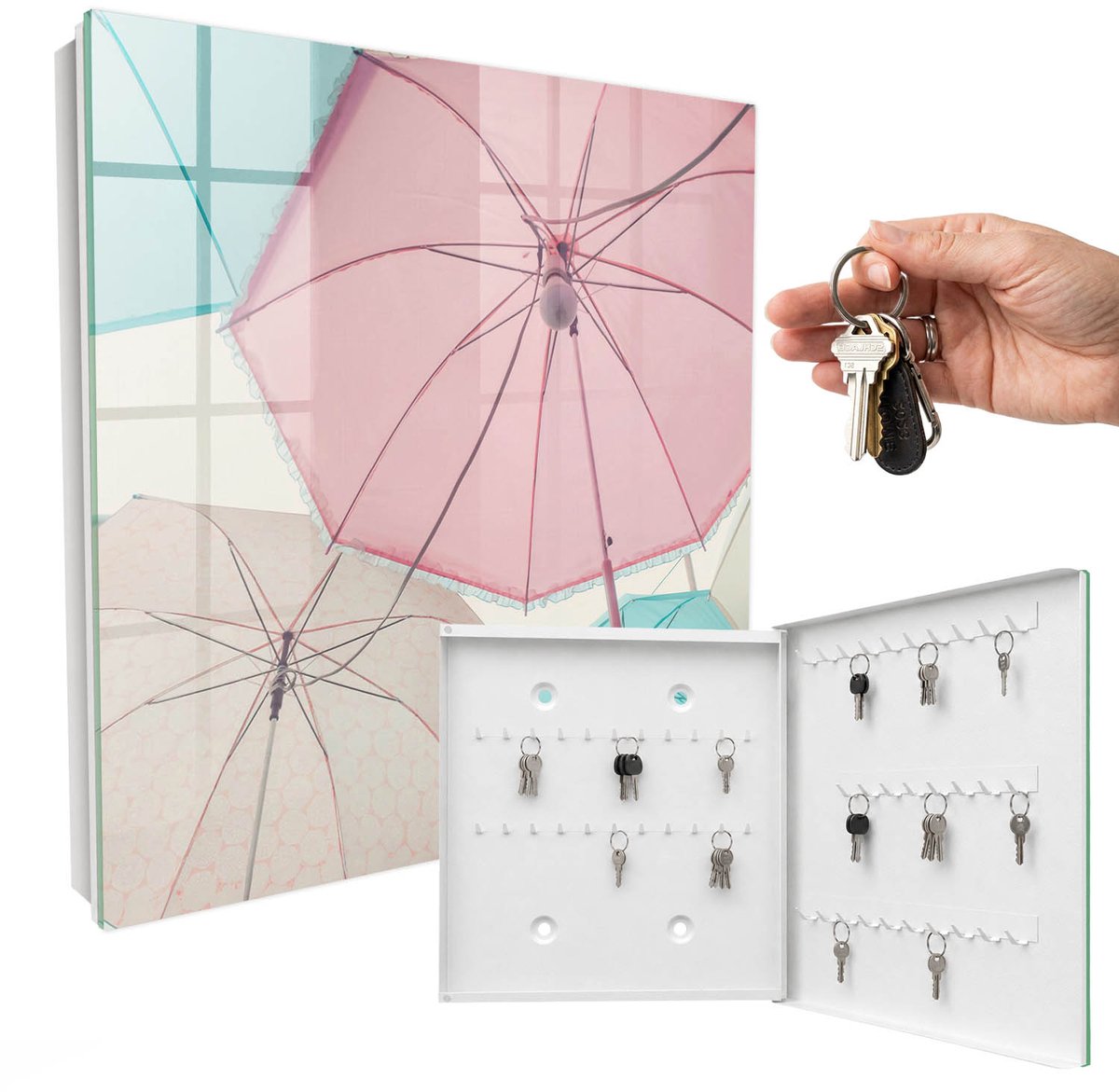WallMuralia - Sleutelkast - 30x30x5 cm - met 50 haken - Pastelkleurige Paraplu'S Sleutelkastje Industrieel - Roze Sleutelbox - Rechtsopenend - Wit interieur