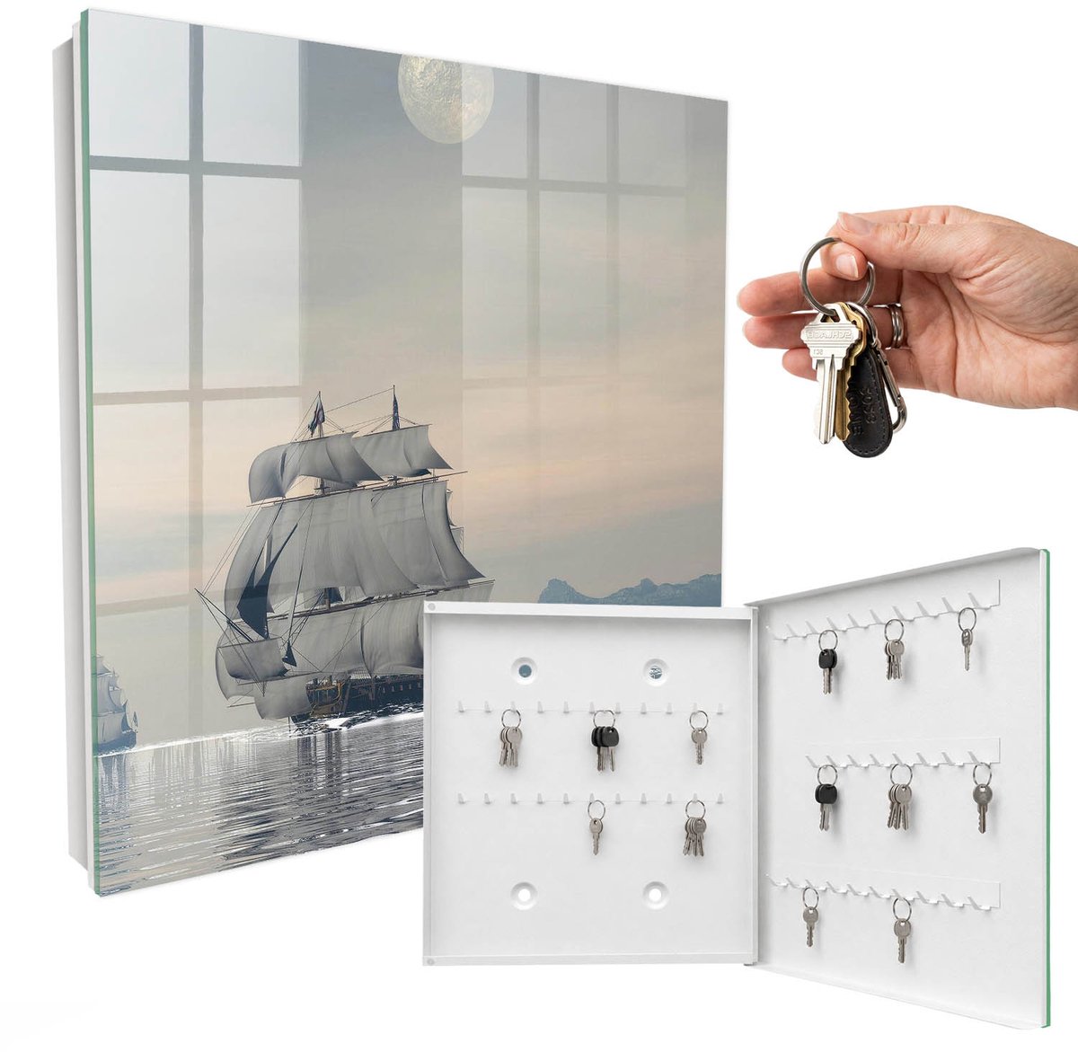 WallMuralia - Sleutelkast - 30x30x5 cm - met 50 haken - Zeecruise Sleutelkastje Klein - Grijs Sleutelbox - Rechtsopenend - Wit interieur