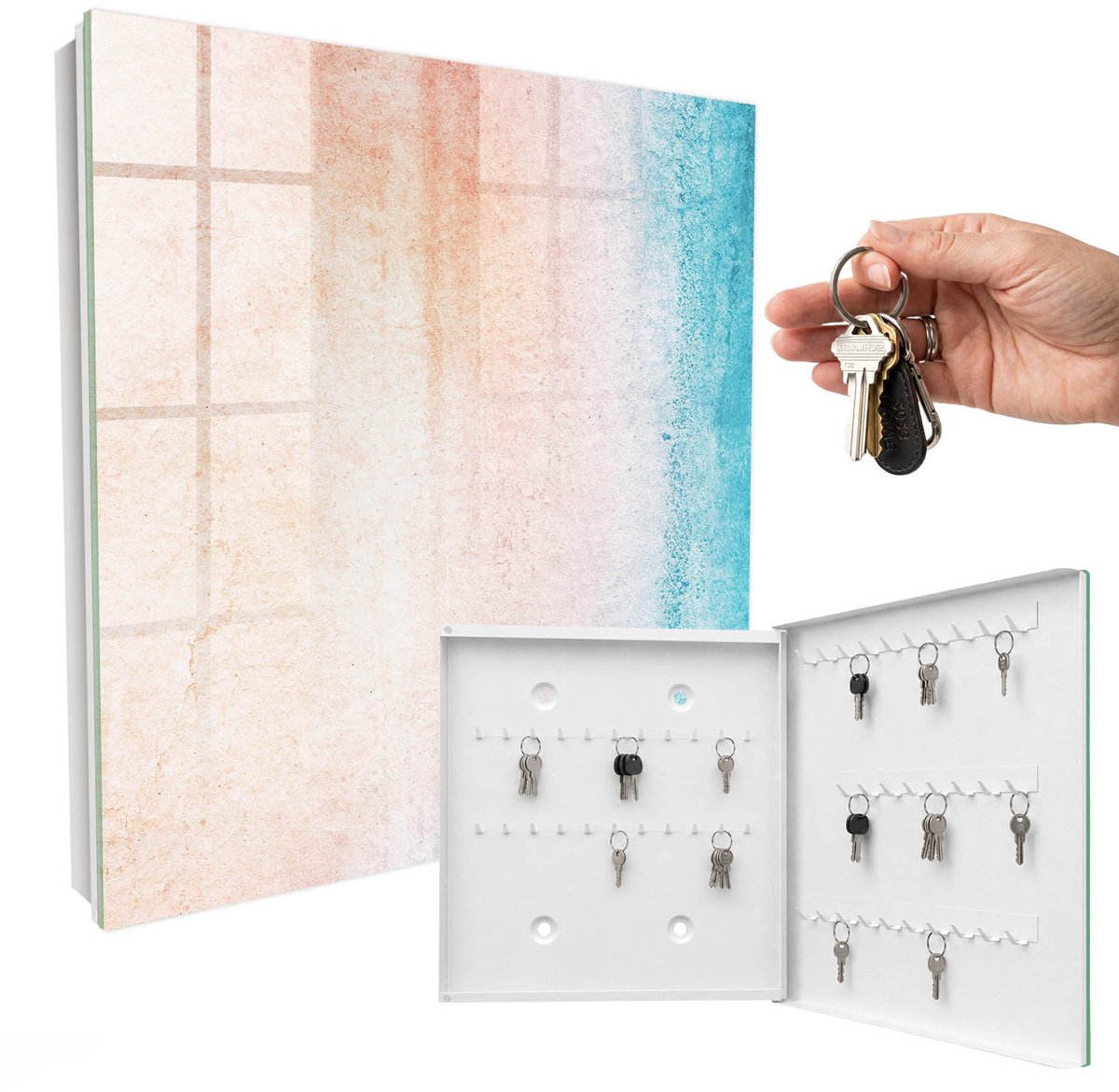 WallMuralia - Sleutelkast - 30x30x5 cm - met 50 haken - Pastelkleurige Textuur Sleutelkastje Design - Oranje Sleutelbox - Rechtsopenend - Wit interieur