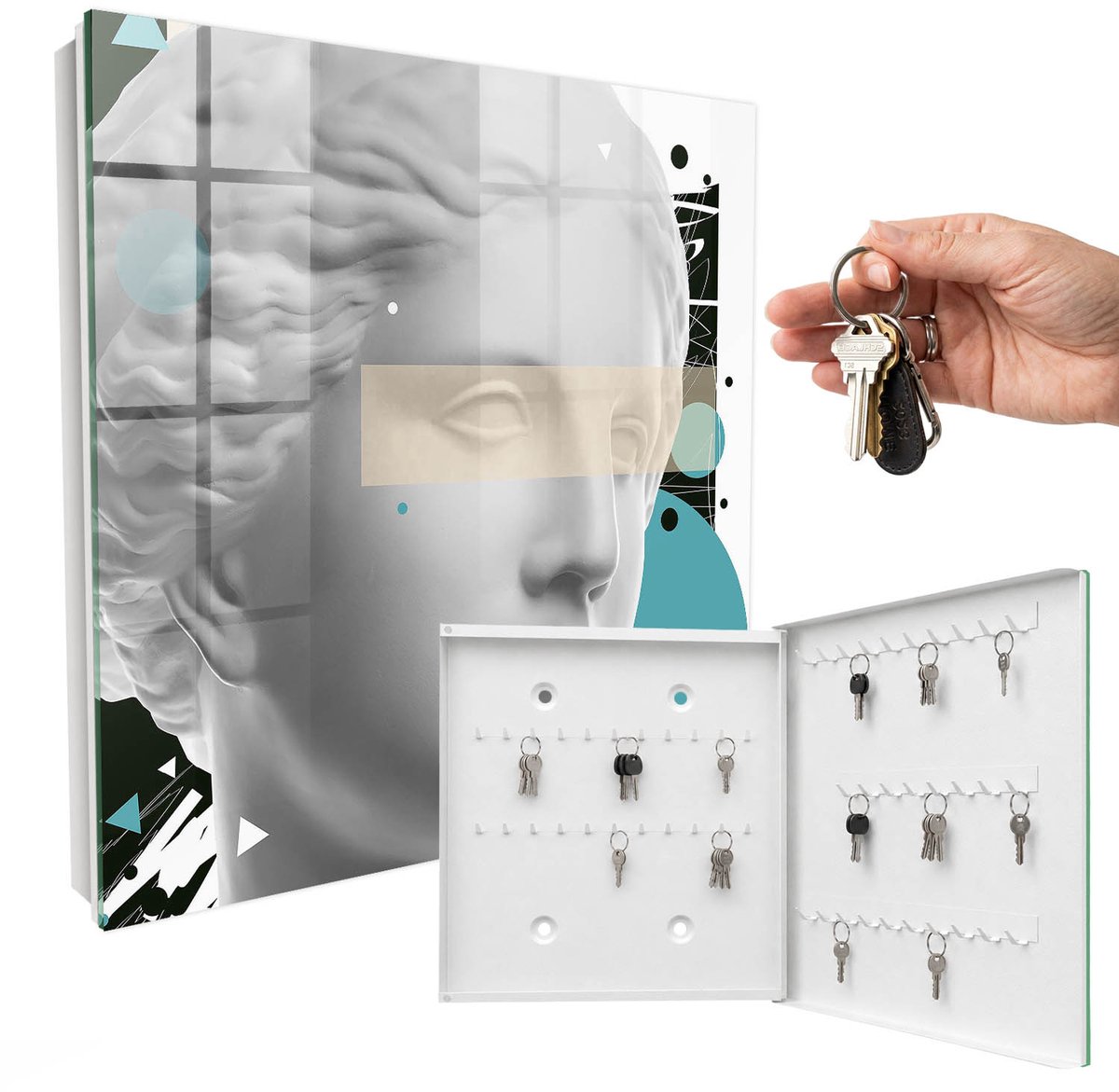 WallMuralia - Sleutelkast - 30x30x5 cm - met 50 haken - Moderne Kunst Sleutelkastje Landelijk - Wit Sleutelbox - Rechtsopenend - Wit interieur