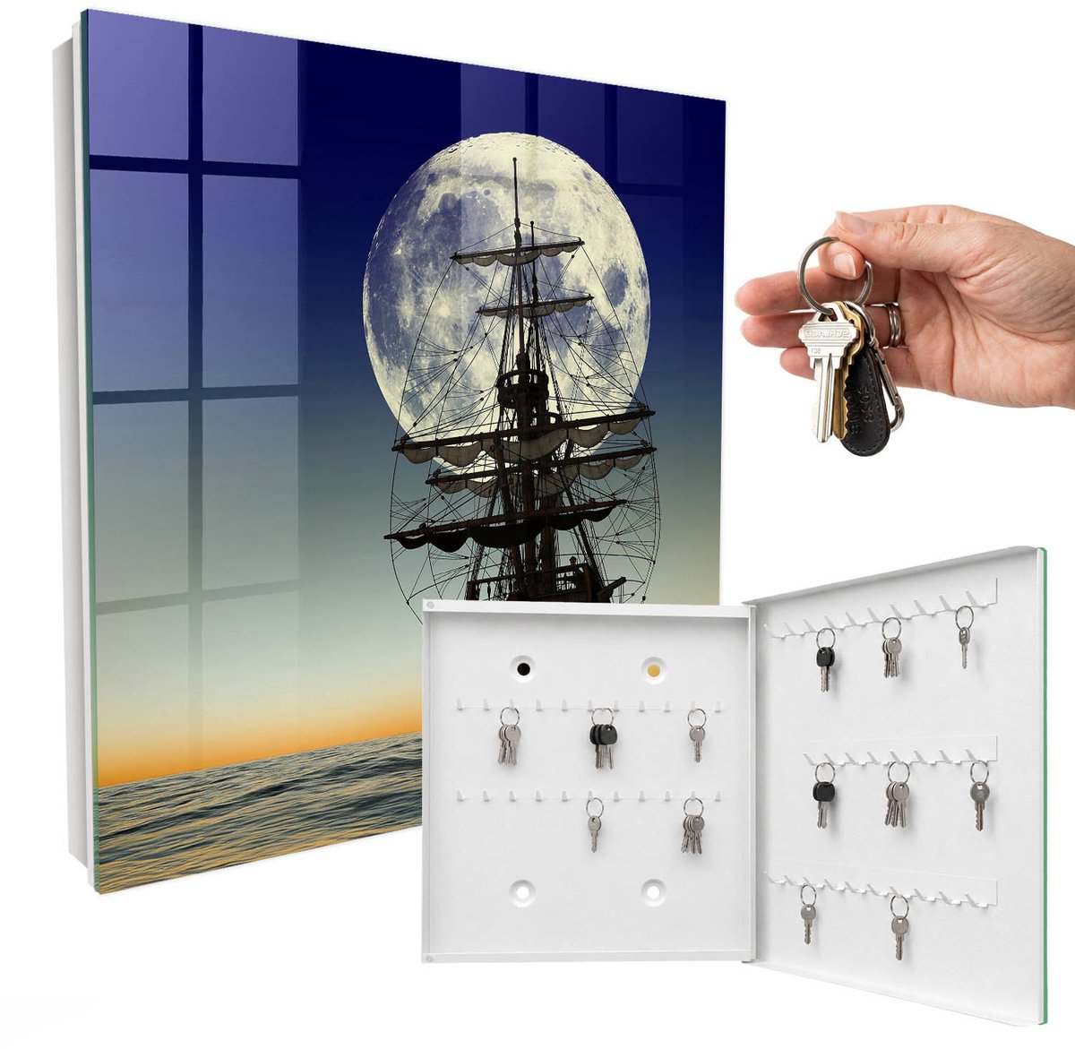 WallMuralia - Sleutelkast - 30x30x5 cm - met 50 haken - Nachtzeiltochten Sleutelkastje Gang - Marine Sleutelbox - Rechtsopenend - Wit interieur