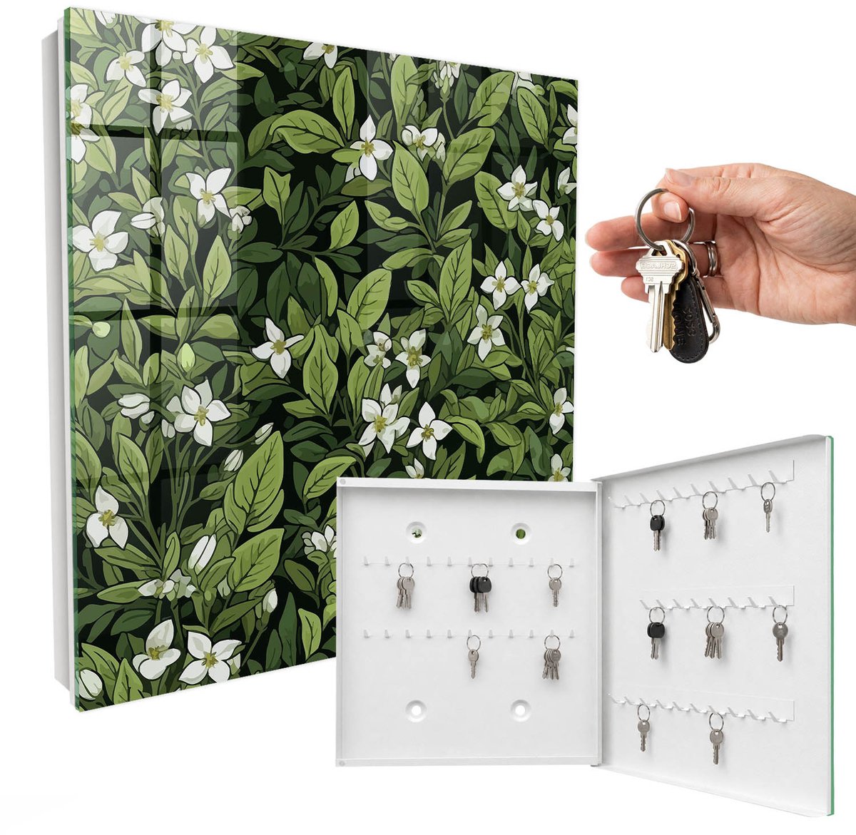 WallMuralia - Sleutelkast - 30x30x5 cm - met 50 haken - Plantmotief Sleutelkastje Binnen - Groente Sleutelbox - Rechtsopenend - Wit interieur