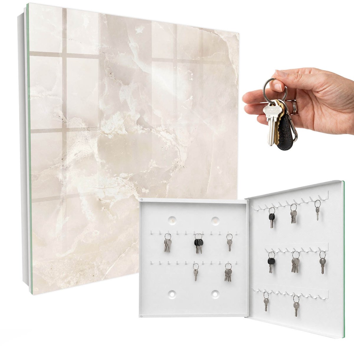WallMuralia - Sleutelkast - 30x30x5 cm - met 50 haken - Marmeren Elegantie Sleutelkastje Industrieel - Beige Sleutelbox - Rechtsopenend - Wit interieur