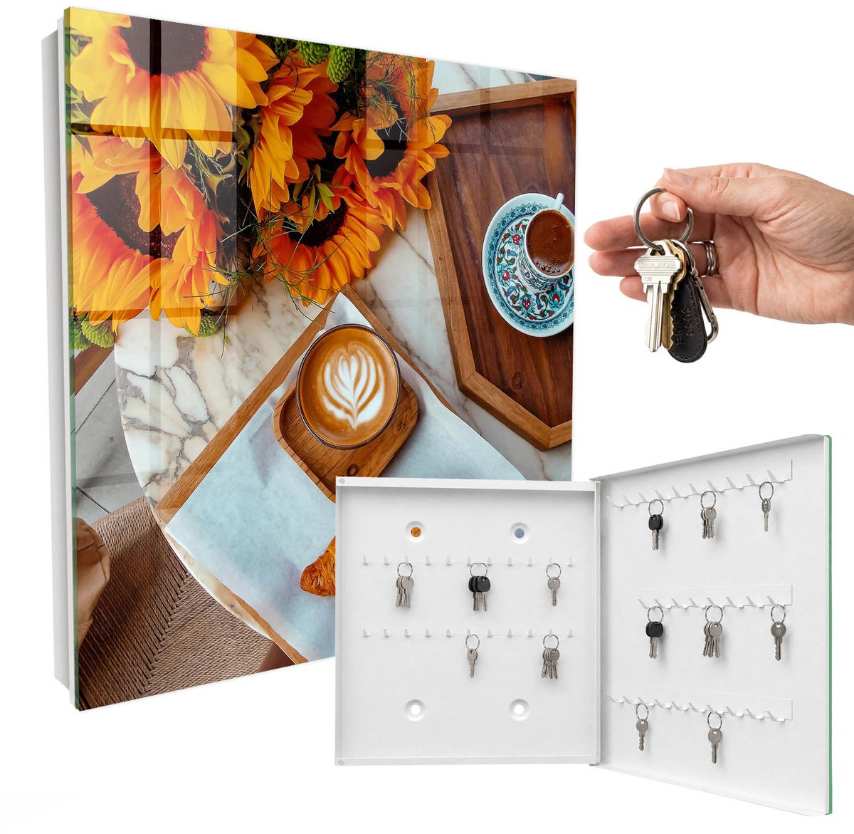 WallMuralia - Sleutelkast - 30x30x5 cm - met 50 haken - Ochtendmomenten Sleutelkastje - Oranje Sleutelbox - Rechtsopenend - Wit interieur