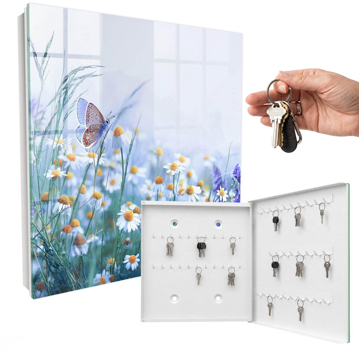 WallMuralia - Sleutelkast - 30x30x5 cm - met 50 haken - Zomerweide Groot Sleutelkastje - Blauw Sleutelbox - Rechtsopenend - Wit interieur