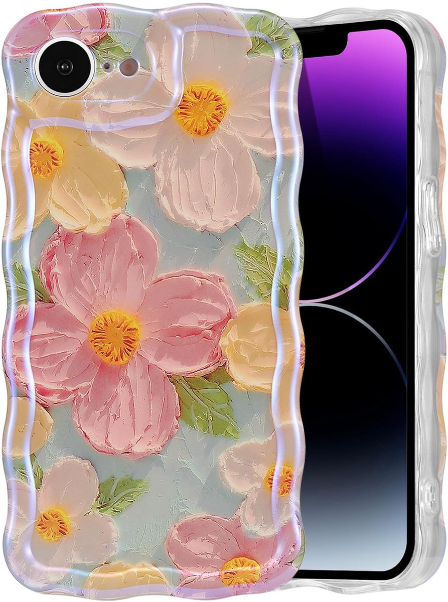 Hoesje voor iPhone 16e 2025, kleurrijk retro olieschilderij met bedrukt bloemenpatroon, laser glanzend, schattig, krullend golfrand, prachtig telefoonhoesje, stijlvol, duurzaam TPU