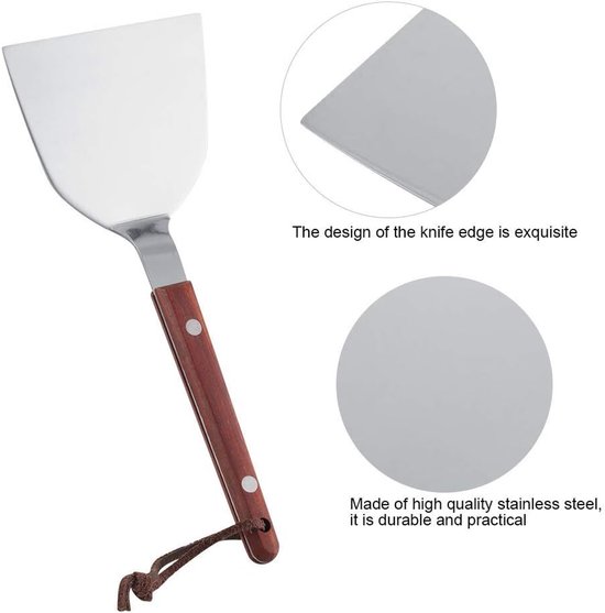 Steak Koken Gebakken Schop Spatel Rvs Koken Pannenkoek Teppanyaki Barbecue Schop Houten Handvat Grill Turner — afbeelding 2