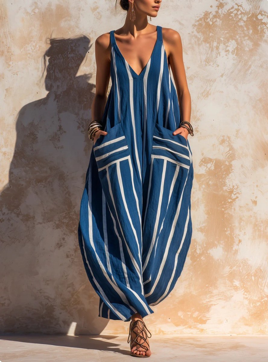 Blauw-wit gestreepte jumpsuit met V-hals en bretels, maat XL, losvallende jumpsuit met wijde pijpen van katoen en linnen, mouwloze casual jumpsuit in vakantiestijl.