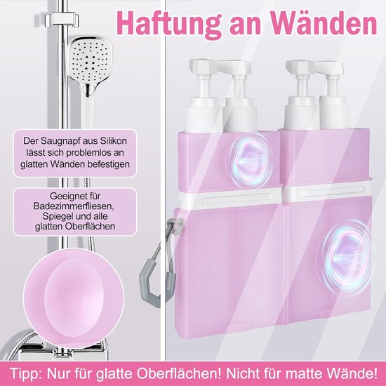4-in-1 reisdispenser, navulbare reisflessenset, lekvrij, met zuignap voor gladde muren, reisflessen voor toiletartikelen, draagbaar voor zakenvluchten, reizen, sportschool (roze) — afbeelding 2