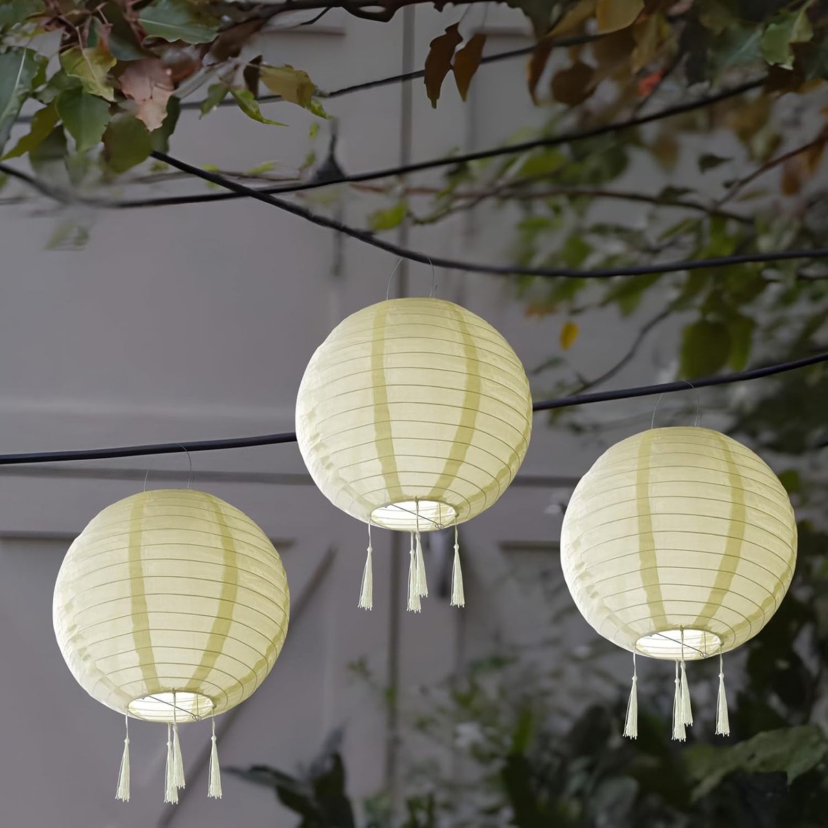 Lantaarn op zonne-energie, voor buiten, weerbestendig, 3 stuks, led-lantaarn, waterdicht, nylon, hangende tuinlantaarn, 30 cm, solarlampen voor buiten, tuin, Halloween, feestdecoratie, beige,