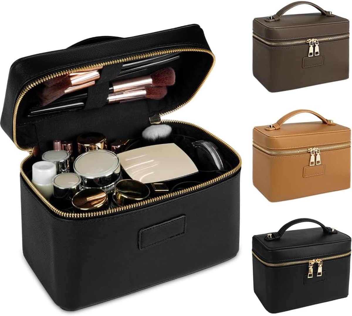 Make-uptas, grote PU-lederen make-uptas voor op reis met afneembare scheidingswand en borstelsleuven, waterbestendige make-up organizer voor vrouwen, draagbare toilettas met handvat - zwart
