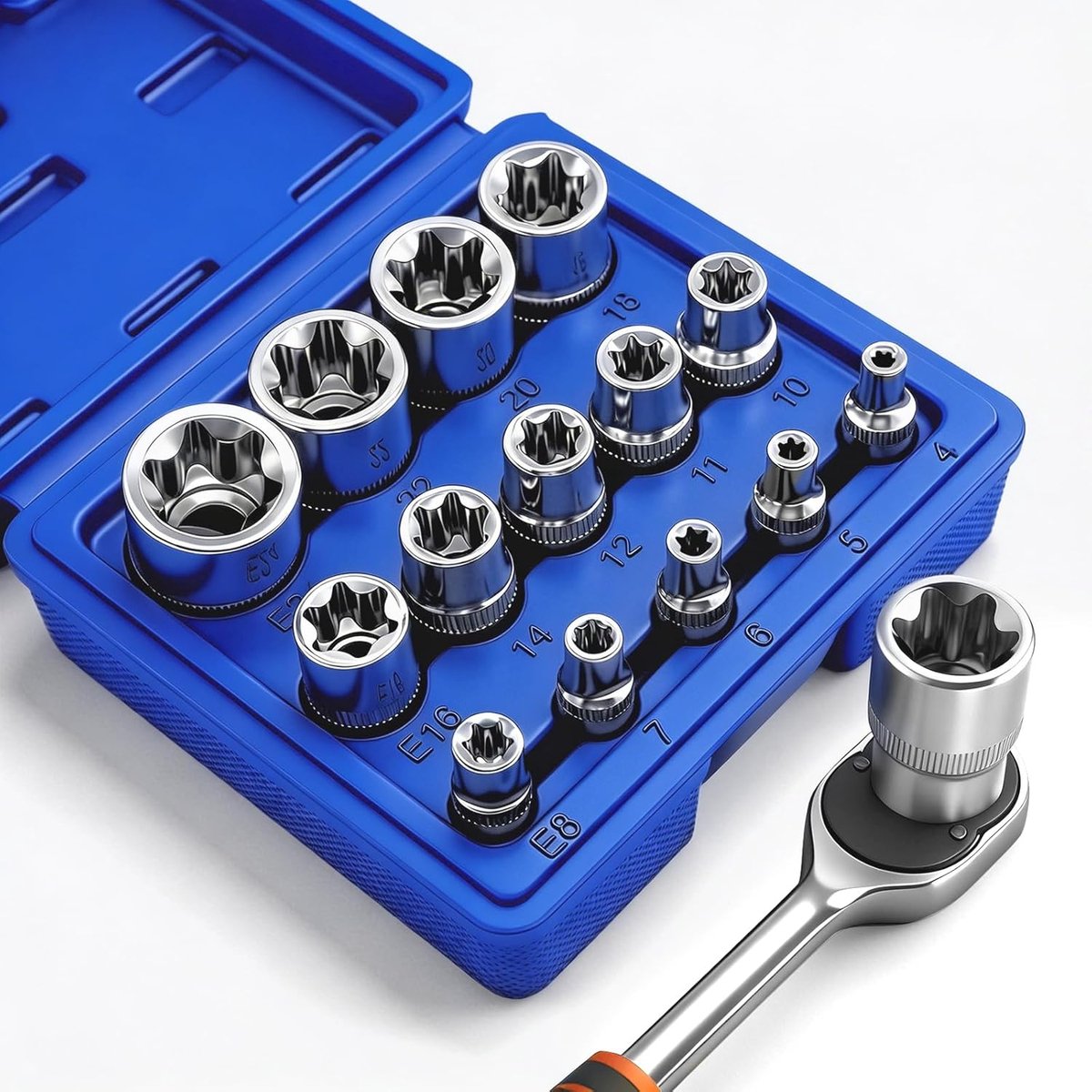14 stuks, voor buiten, sterdopsleutels, E-profiel, dopsleutelset met blauwe bewaardoos voor 1/4, 3/8, 1/2 inch dopsleutelinzetstukken
