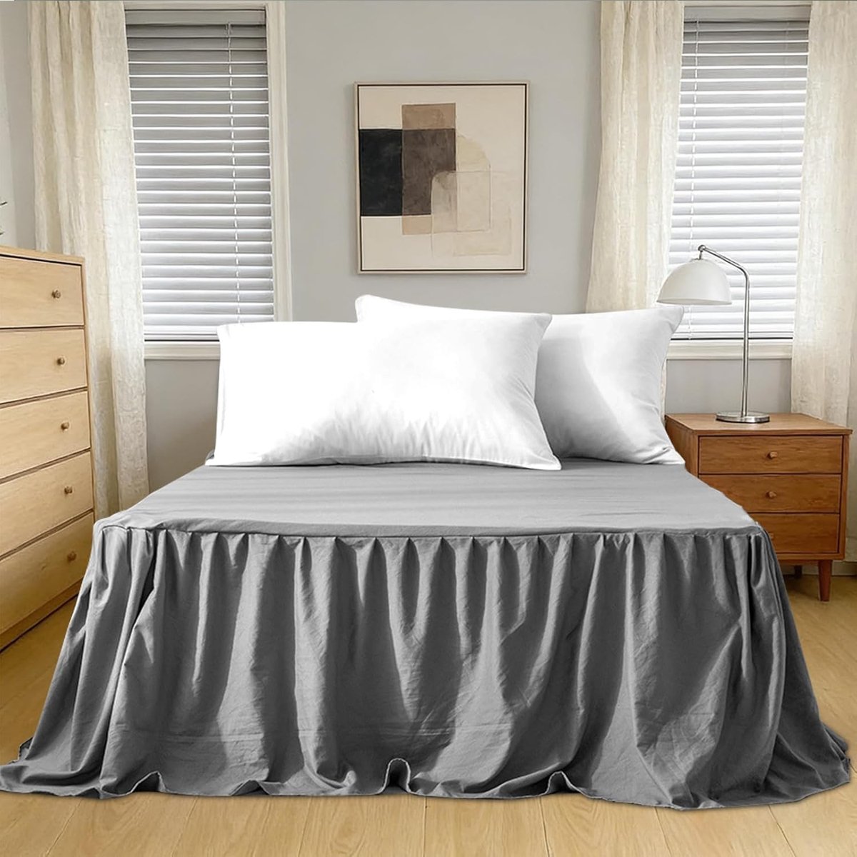 Bedhoes, elegante bedrok met ruches, wikkelrok, bedrok om te wikkelen, bedvolant, overtrek ruffled effen bedrok (140 x 200 cm, hoogte 45 cm), lichtgrijs