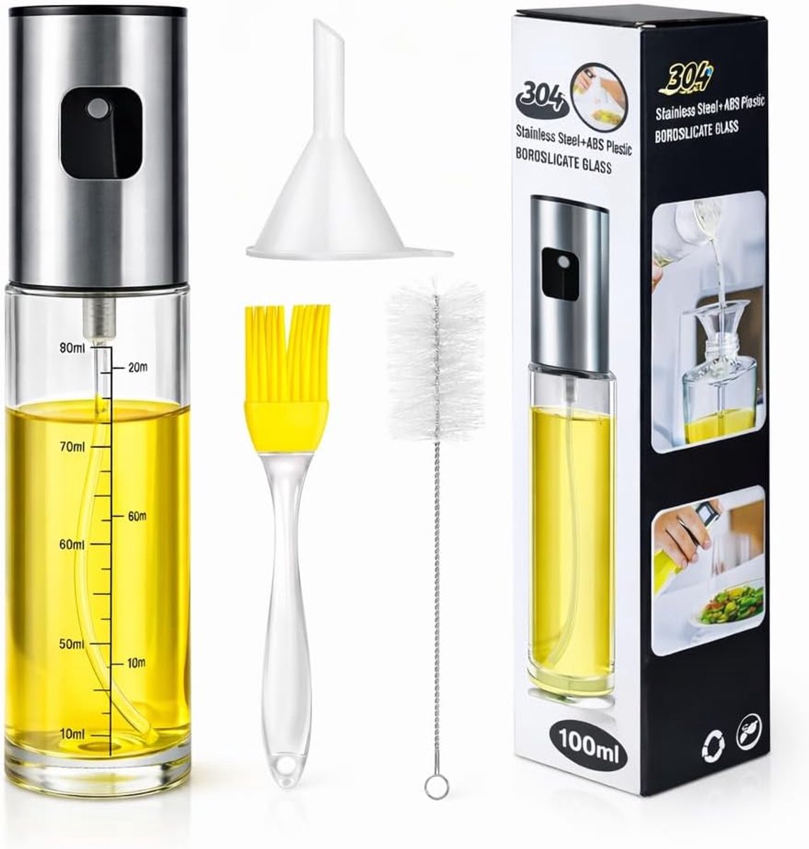 Olieverstuiver, glas, 100 ml, met accessoireset, oliesproeifles voor airfryer, barbecue, salade en keuken, fijne nevel, navulbaar, olijfoliesproeier, roestvrijstalen sproeikop
