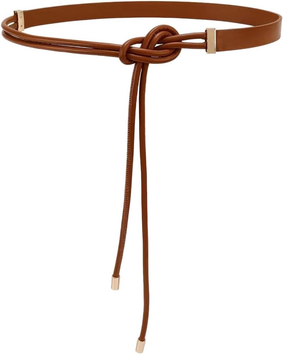 geknoopte riem, bruin, elegant van kunstleer in boho-stijl met verstelbare dunne leren band met vergulde legeringsuiteinden voor dames, jeansjurken en broeken