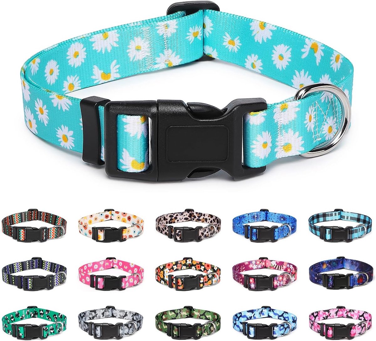 hondenhalsband met patronen, ultra comfortabele zachte nylon ademende huisdierhalsband voor kleine, middelgrote en grote honden (S, blauwe madeliefje)