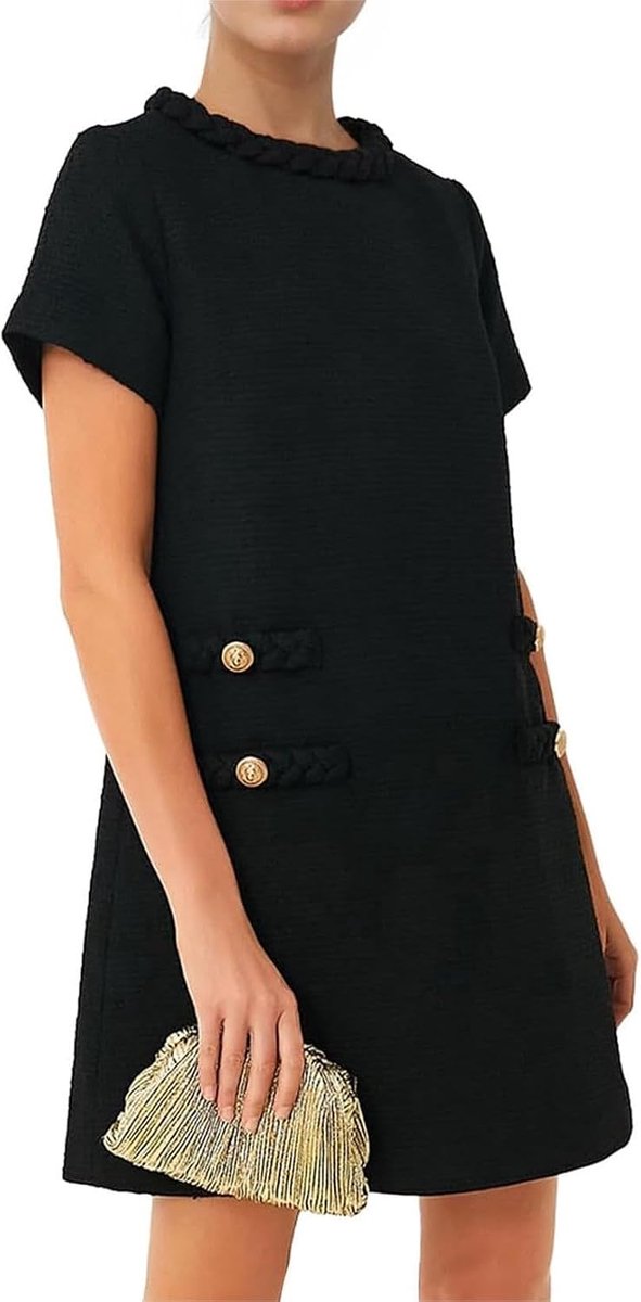 Tweedjurk voor dames, korte mouwen, ronde hals, A-lijn, party, vintage, mini-jurk, casual jurk