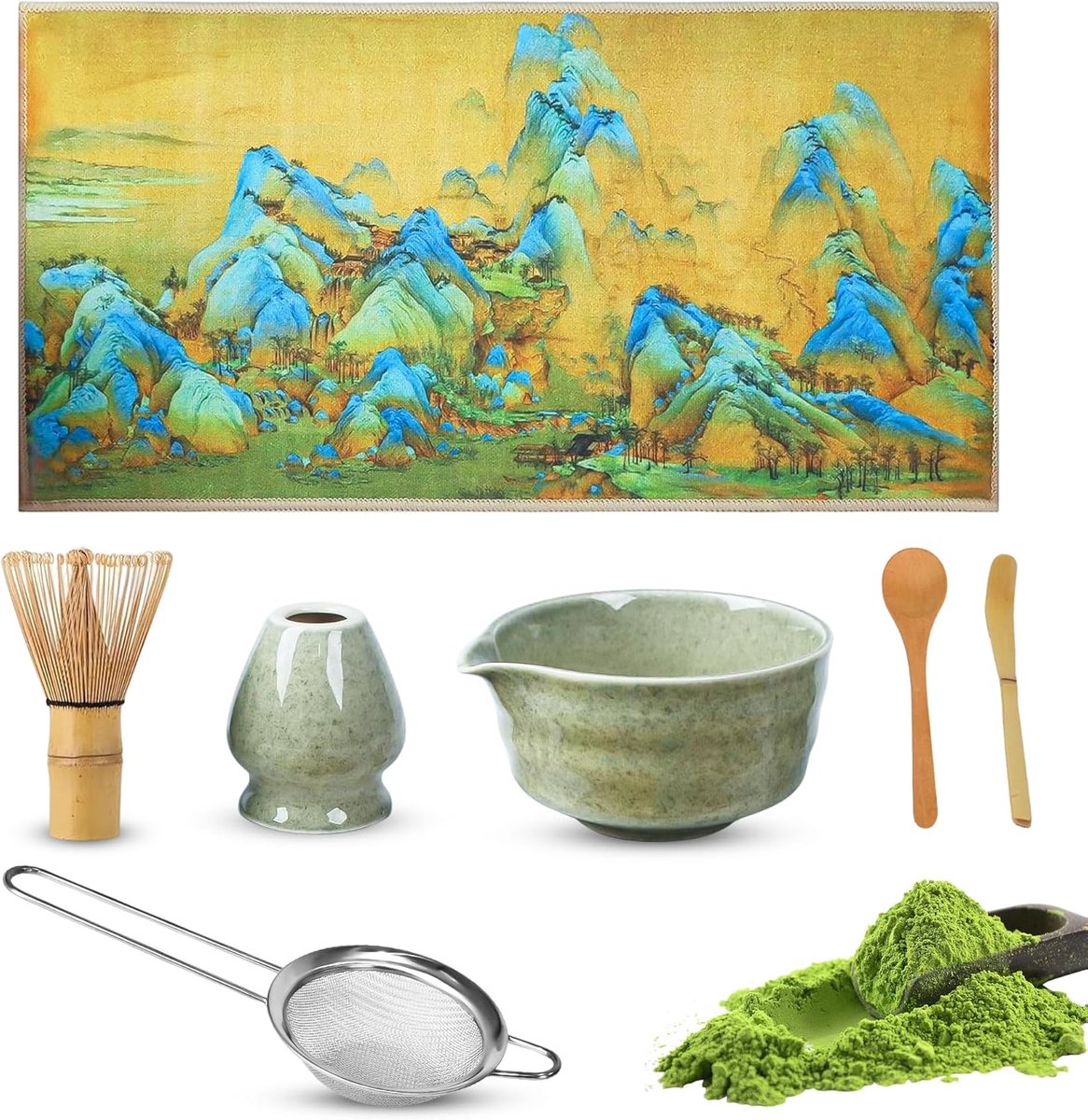 Matcha-set, keramische matcha-schaal met schenktuit, bamboe bezem, chajin, roestvrijstalen zeef, cadeau voor matcha-liefhebbers