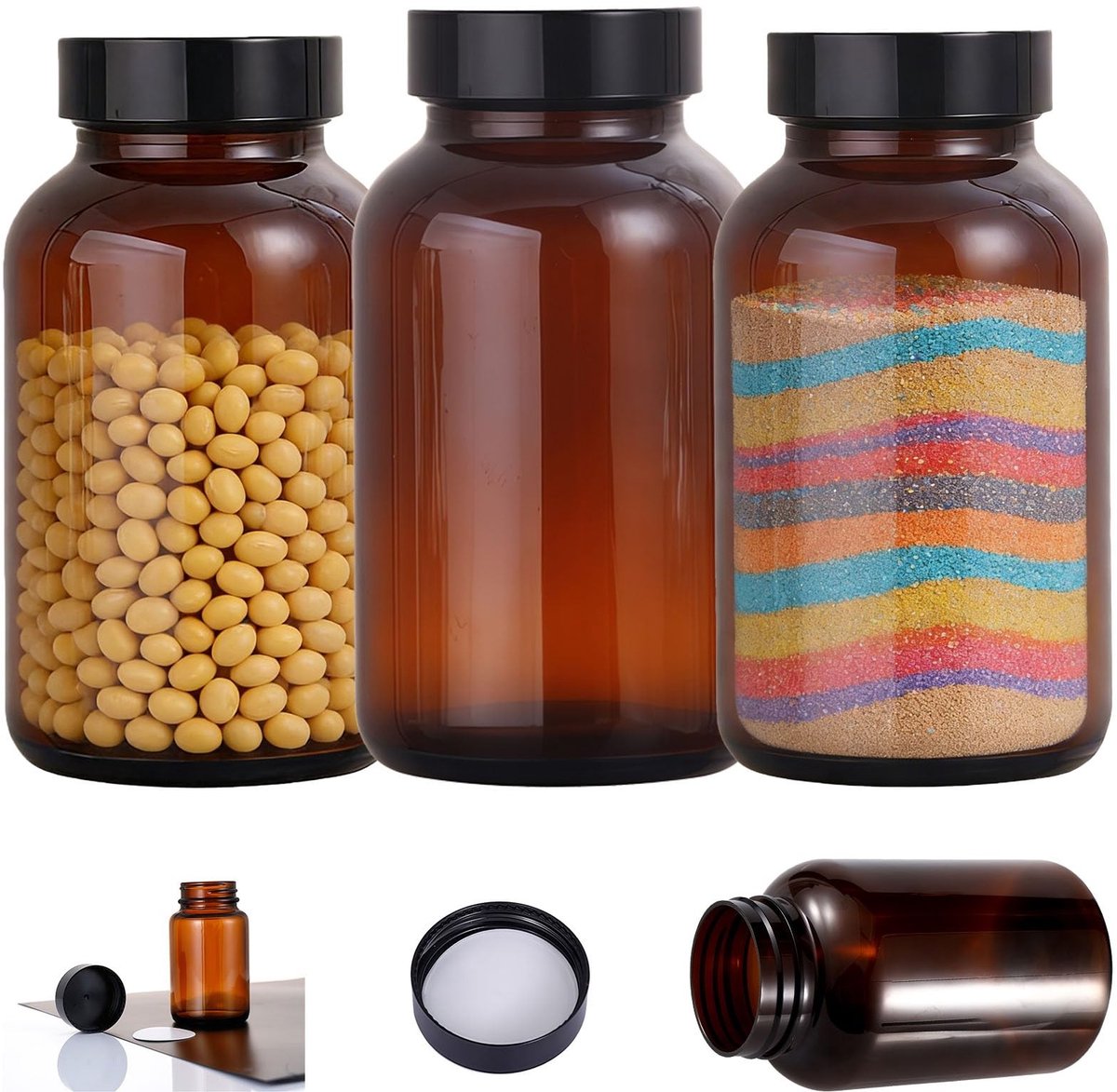 Omgoods - 3 amber glazen potten 750ml met zwarte schroefdop, ideaal voor opslag