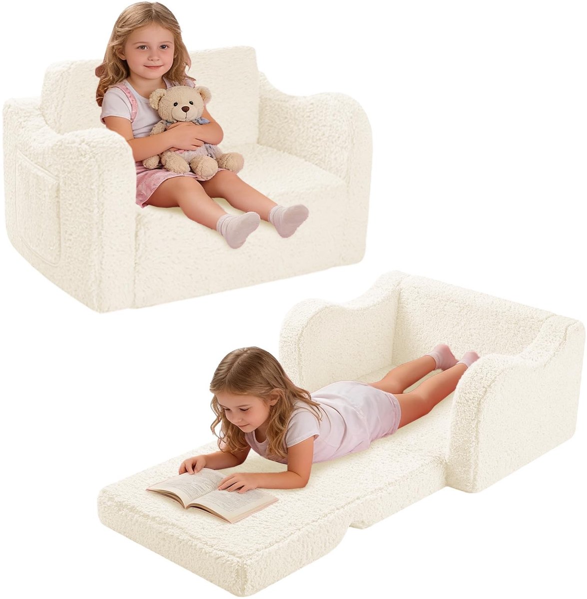 Omgoods - 2-in-1 Kinder Sofa - Vouwbare Mini Sofa voor Kinderen, Te Transformeren naar Lounger (Beige)